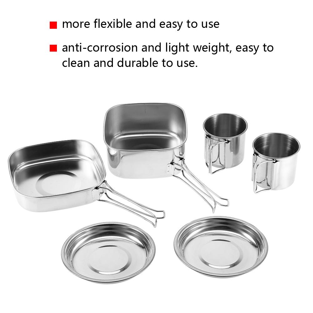 Set 6 Piese Vase Portabile din Oțel Inoxidabil Camping Picnic Exterior Tigaie Oală Farfurie Cană