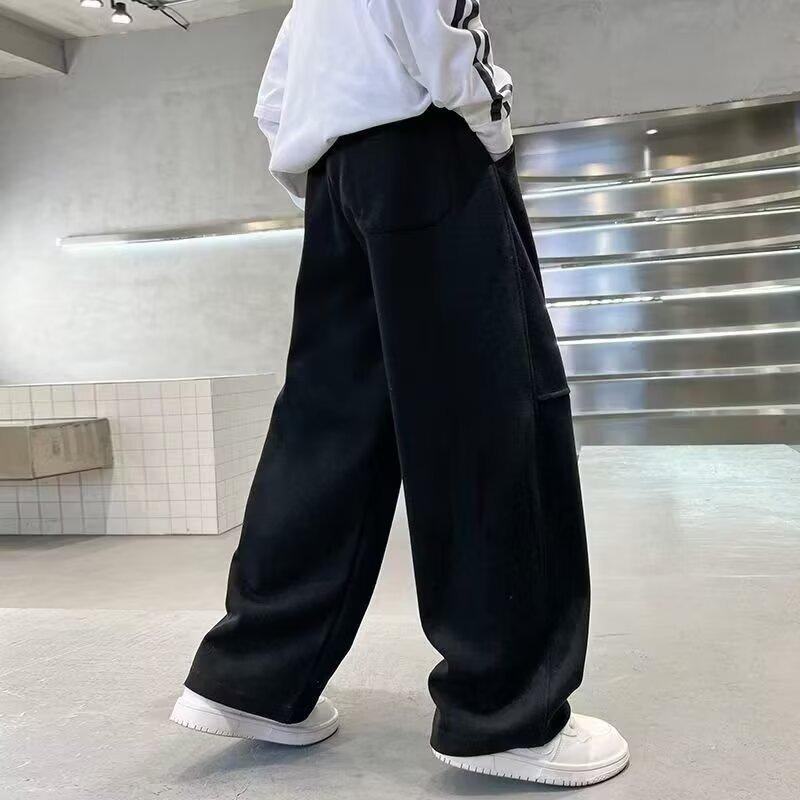 Pantaloni Casual Bambino Primavera Vita Elastica Nera Gamba Dritta Pantaloni della Tuta per Ragazzi Tasca Larga Pantaloni Bambino