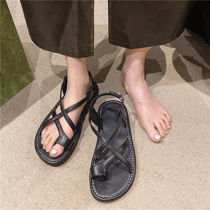Sandals Women's Soft Flat-bottomed Toe Cover 2025 Summer New Cross-belt Casual Vacation French Beach Sandals