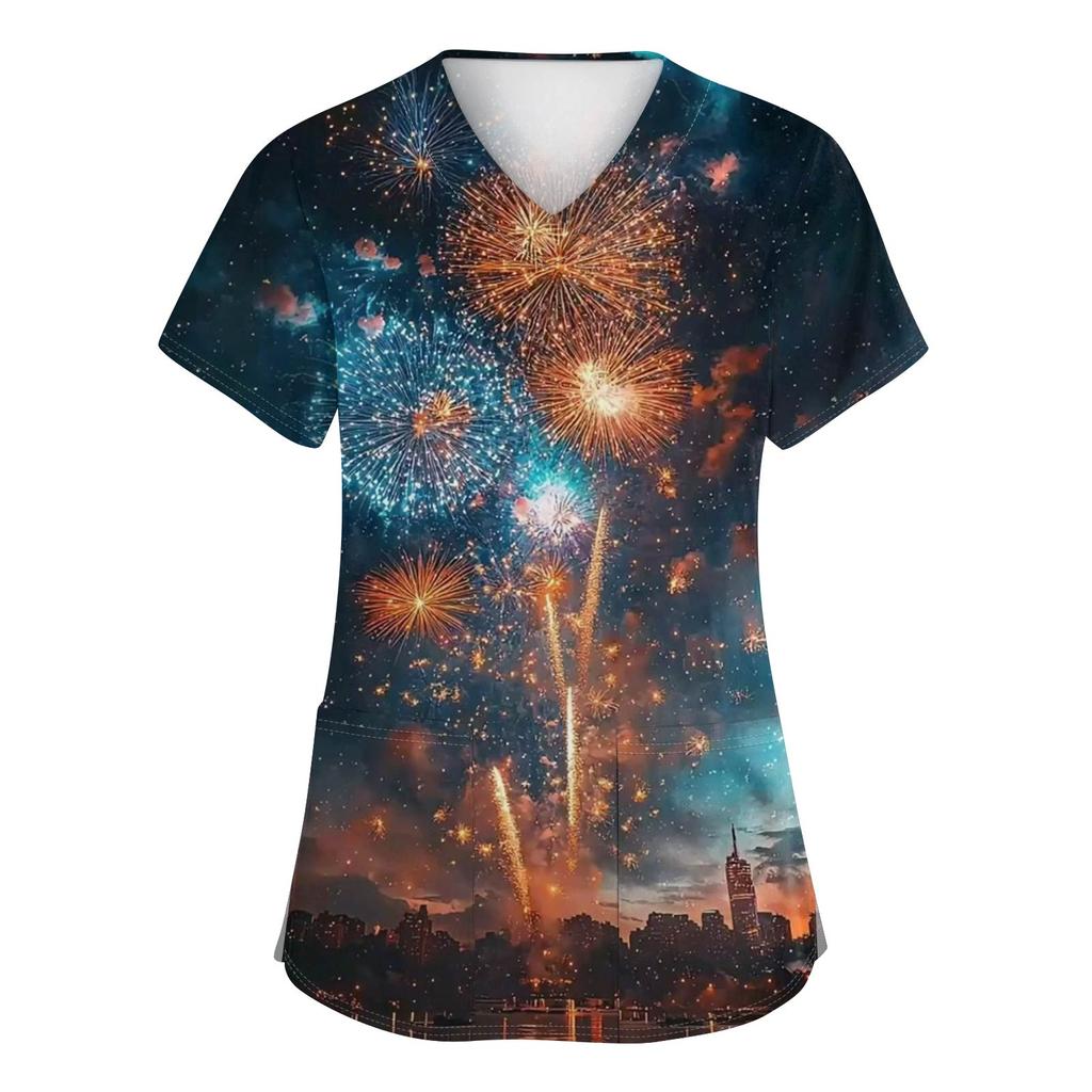 Women's Fashion Printed Short Sleeve V Neck Pattern Tops Pocket Working T-shirts