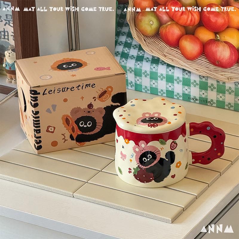 Dárky k narozeninám Kočičí keramický hrnek s víčkem Hrnek na vodu Hrnek s vysokou úrovní vzhledu pro dívky Domácí keramický hrnek na pití
