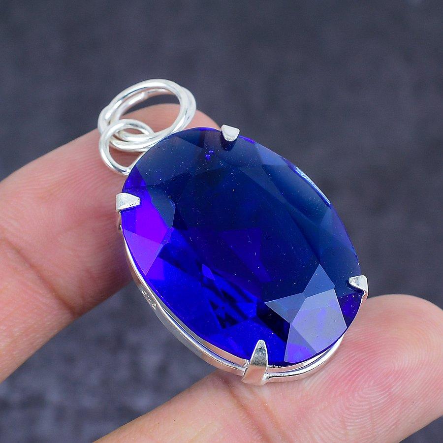 Pierre précieuse Topaze Bleue Naturelle Pendentif Bijou en Argent Sterling 925 1.89" p6j90