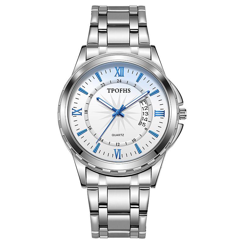 Blue Classic Light Steel Strap Mens Watch Waterproof With Calendar Function Movement Quartz