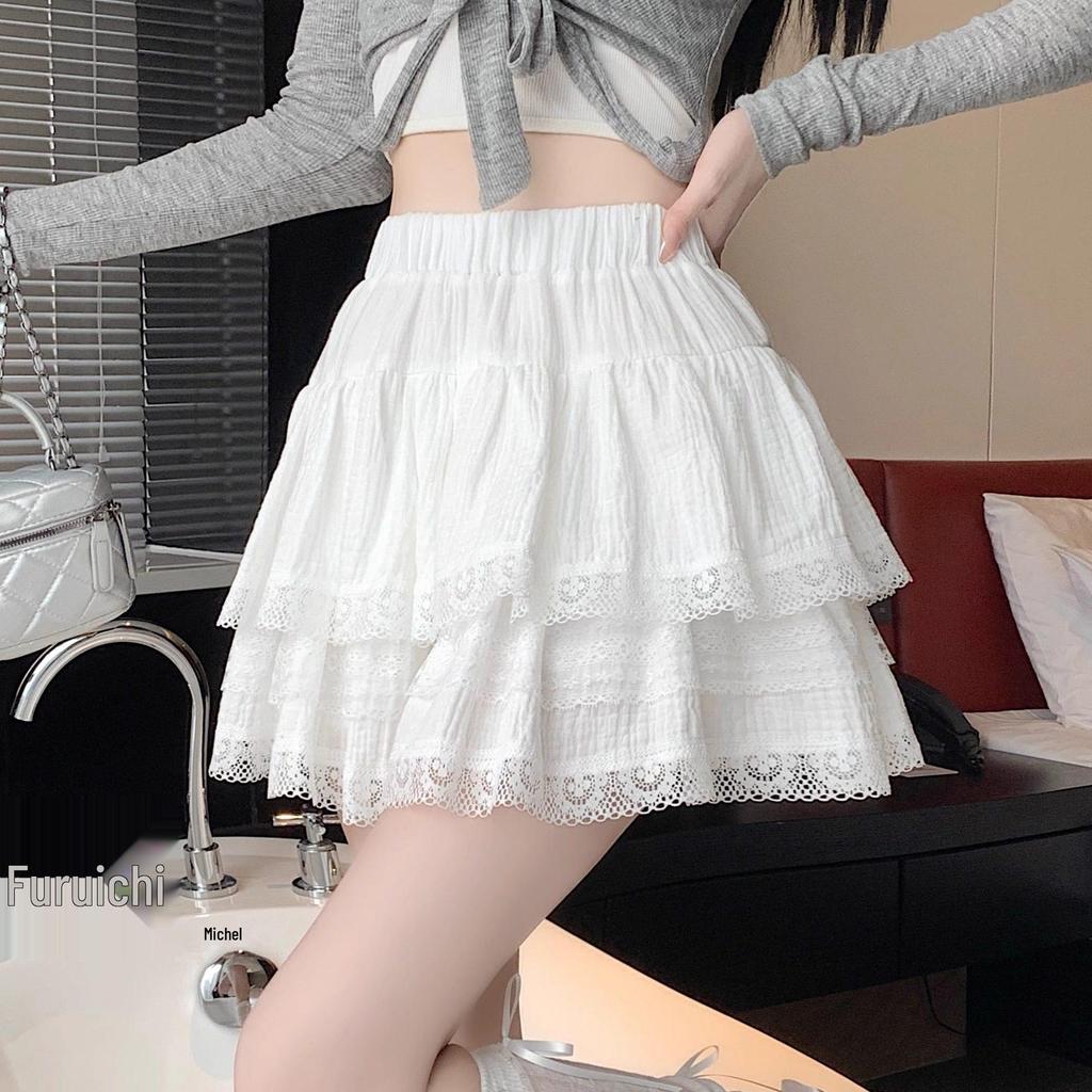 Plus Size White French Ballet Puffy Layered Ruffle A-Line High Waist Lace Skirt