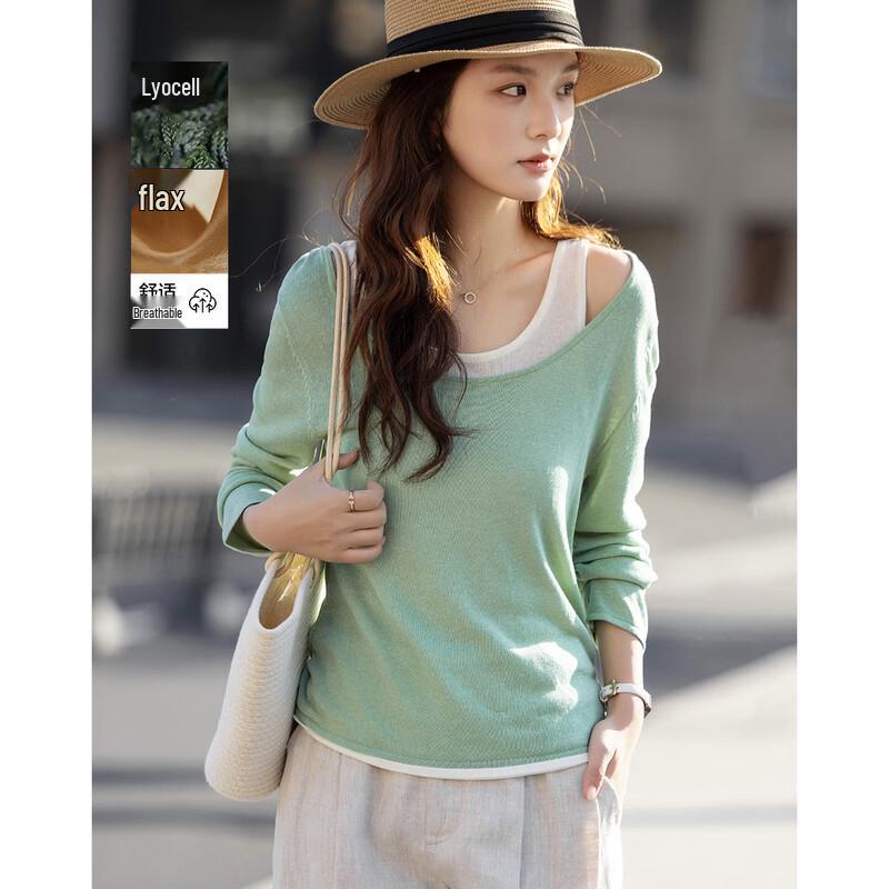 Women s Linen Blend Striped Fake Two-Piece Knit Top L