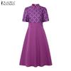 ZANZEA Womens Summer Stand Collar Casual Short Sleeve Print Dress