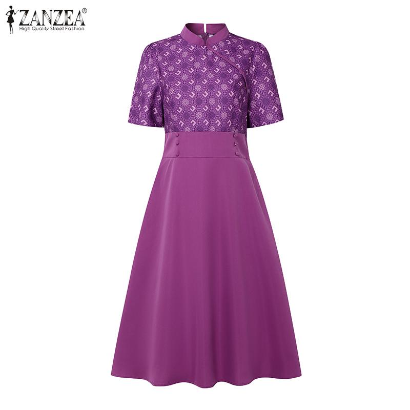 ZANZEA Damen Sommer Stehkragen Lässig Kurzarm Print Kleid