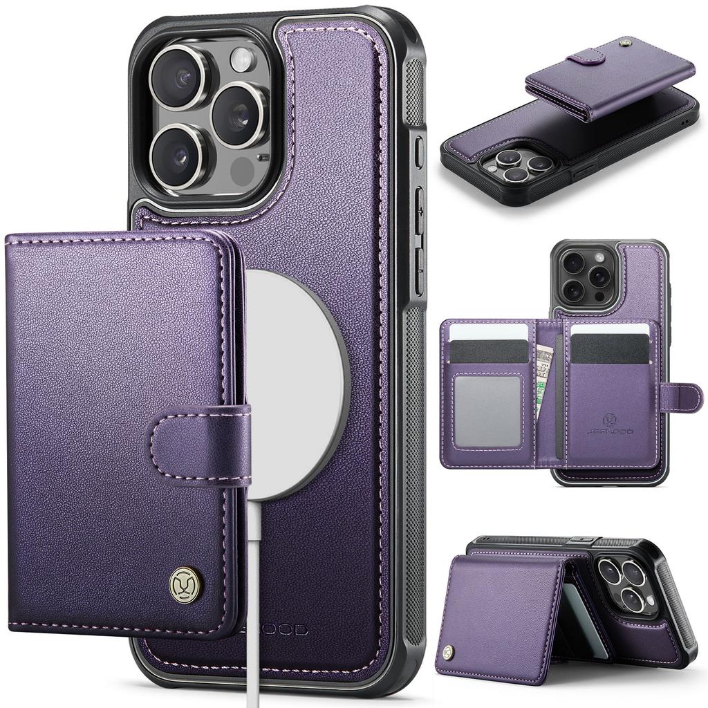 For iPhone 14 Pro Case JEEHOOD J09 RFID Blocking Card Holder Leather Back Phone Cover Compatible with MagSafe