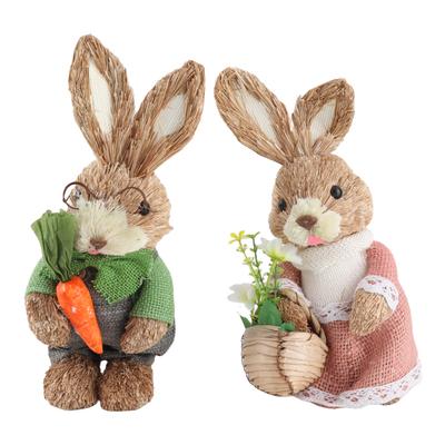 2pcs Mini Straw Bunny 25cm Cute Easter Bunny Couple Figurines for Home Table Spring Decoration