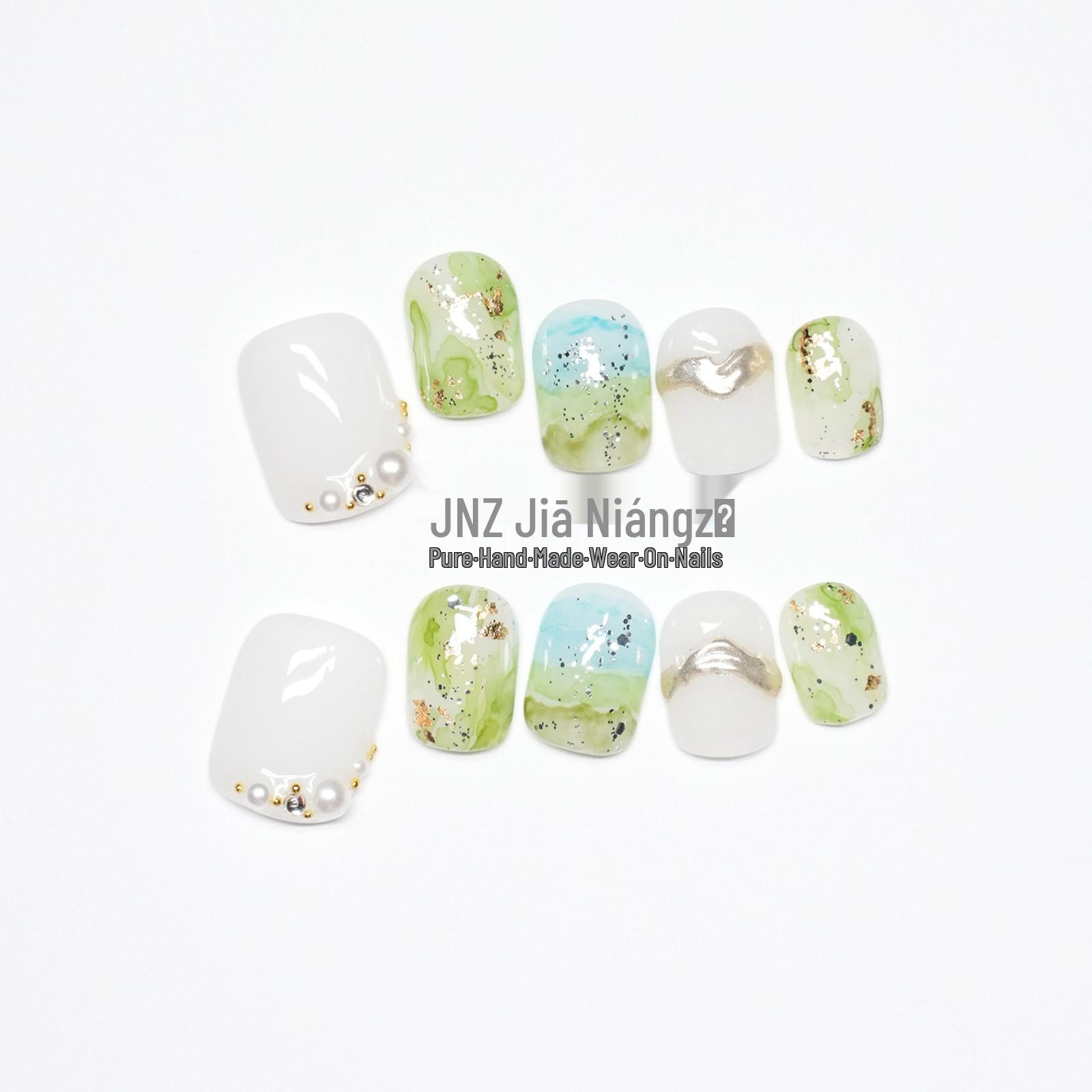 Jia Niangzi Handmade Wearable Nails: Short Spring/Summer Fresh Watercolor Gradient Nail Art 10 pieces, S (with tool kit)