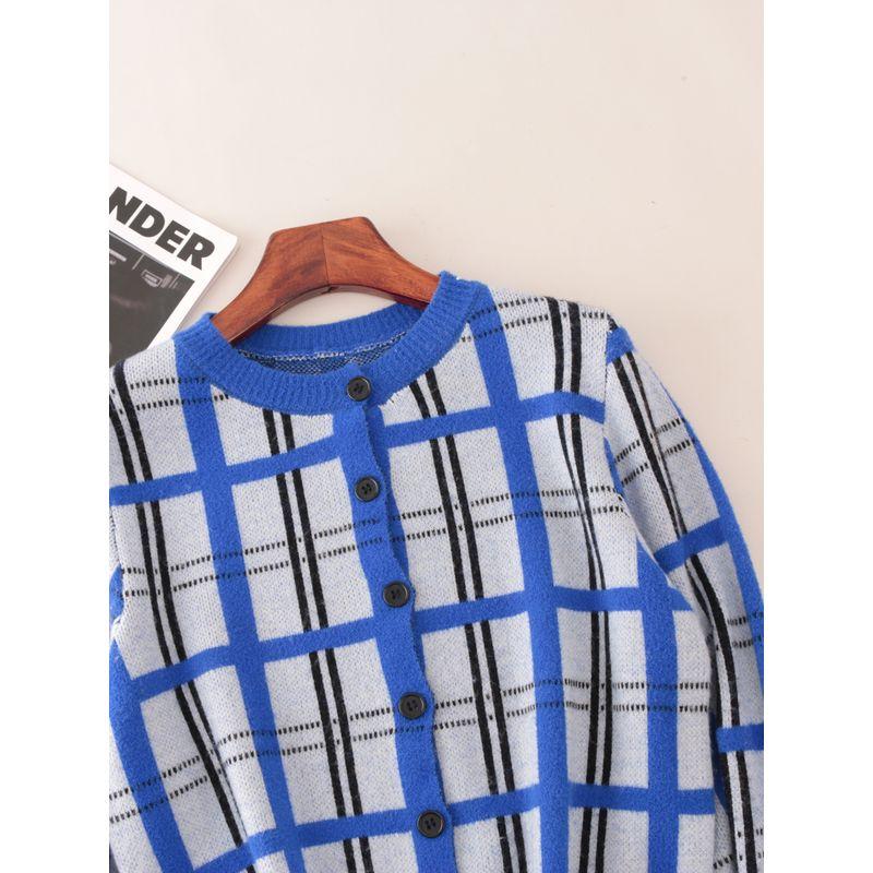 round Neck Single-Breasted Contrast Color Imitation Mink Outerwear Foreign Trade Original Order Loose Version Plaid Autumn and Winter Women Cardigan