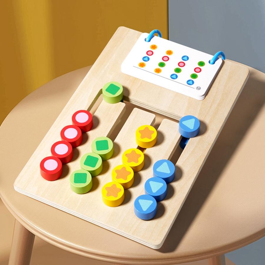 

Montessori Wooden Logic Puzzle Toy For Kids Color & Shape Sorting Board Pattern Cards STEM Early Learning Educational Toy