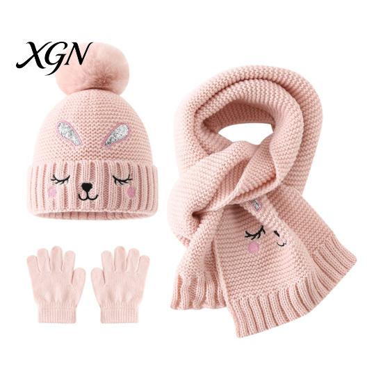 Soft Elastic Acrylic Winter Hats Hat Gloves Scarf Set for Kids, Warm Knitted Pompom Hat, Cute Windproof Cold Weather Gear Children Bunny