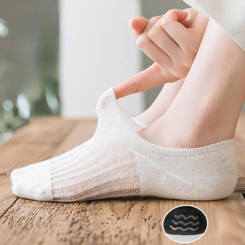 5 Pairs Women's Invisible Breathable Boat Socks No Show Thin Mesh Lace Solid Non-Slip Cotton Short Socks for Fashionable Comfort