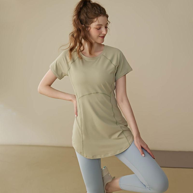 Sommer Modisch Einfarbig Rundhals Damen Slim Fit Lauf-T-Shirt Yoga Lang Geschnitten Hüftbedeckendes Workout-Top