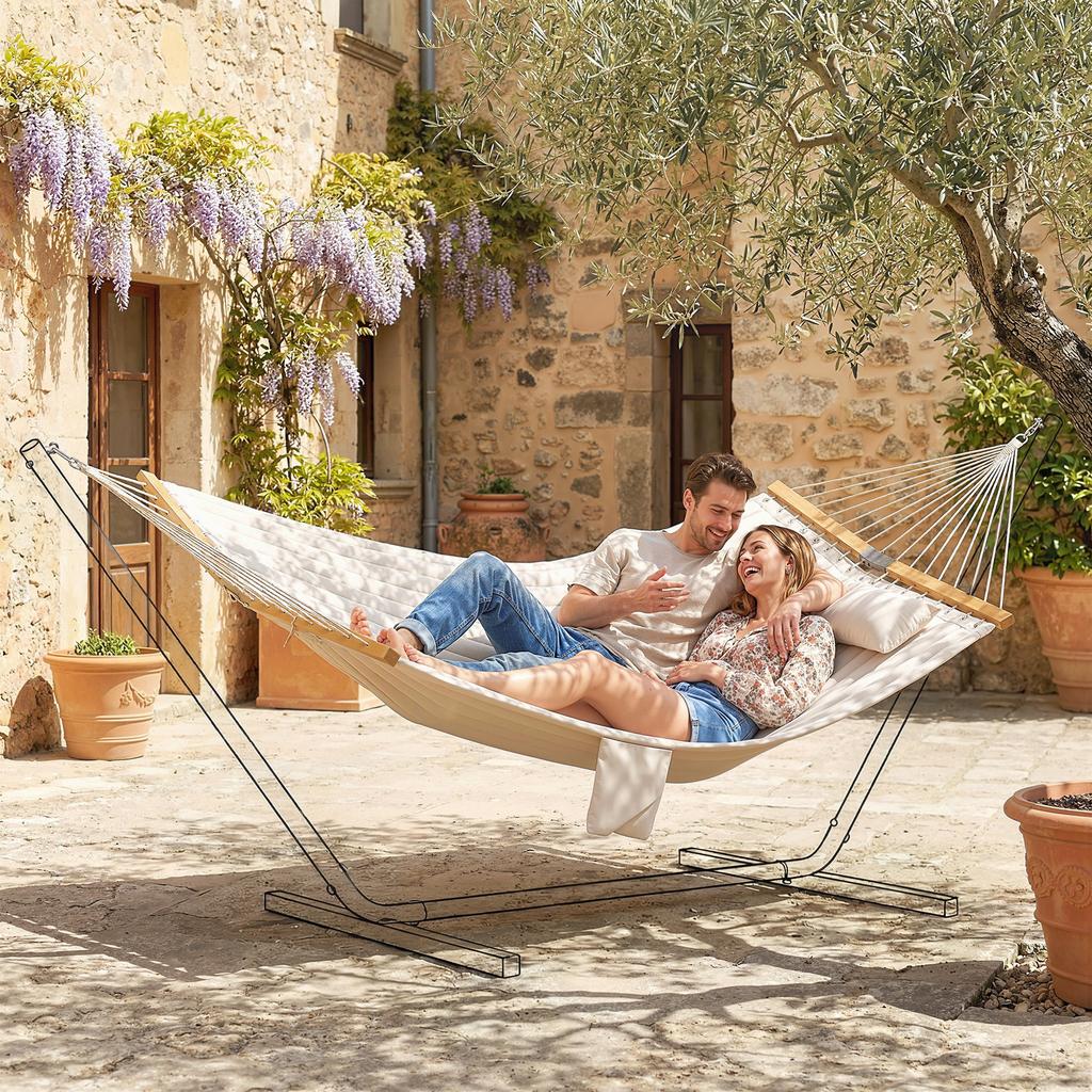 Double Hammock 2 Person Swing Bed with Spreader Bars, Pillows, Pad, 200 x 140cm, Cream White