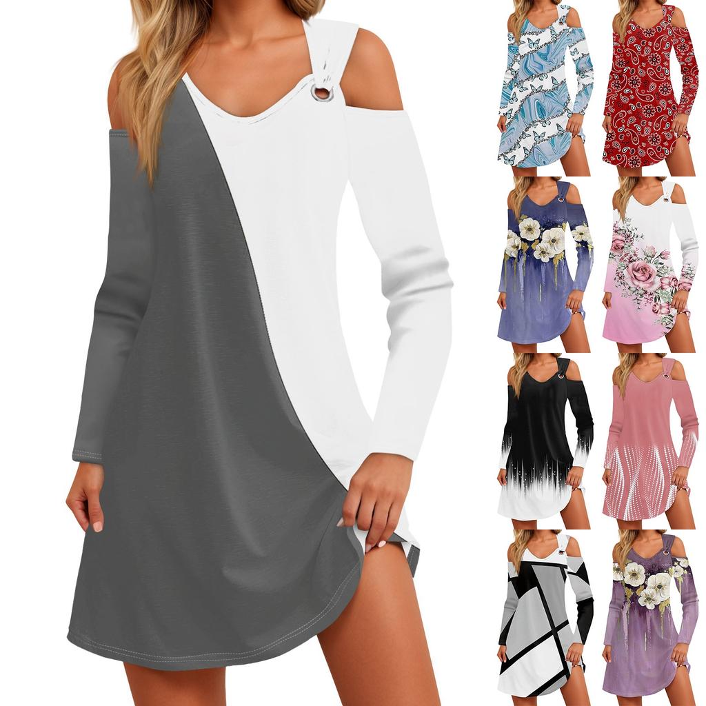 Women's And Winter Casual Fashion V-neck Long Sleeve Print Long Dress With Pocket