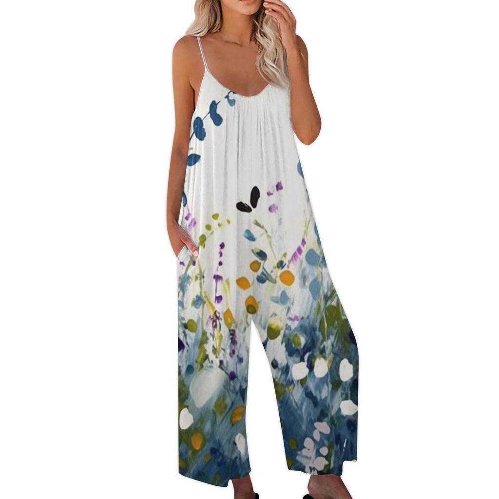 Women's Printed Jumpsuit Casual Loose Adjustable Suspender Jumpsuit