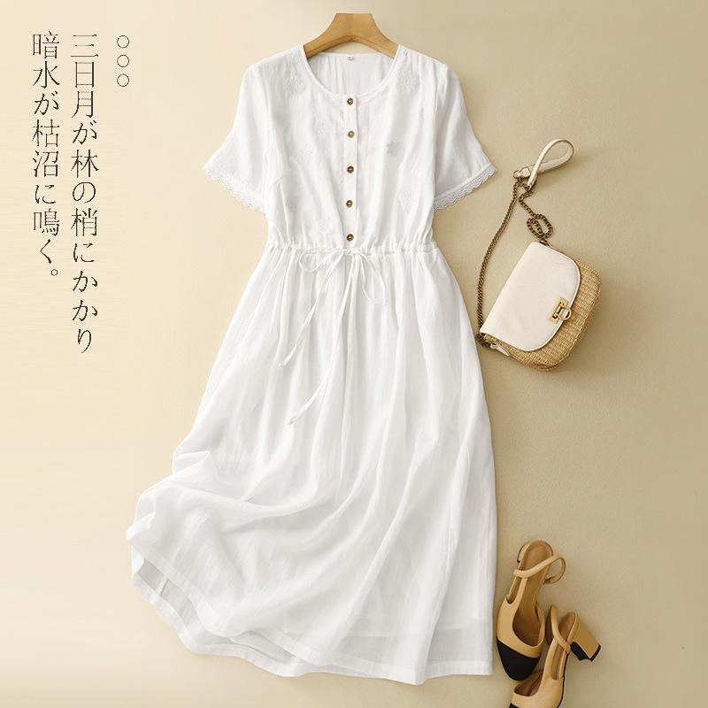 Real shot summer new cotton and linen literary loose casual age reduction embroidered white dress women's clothing
