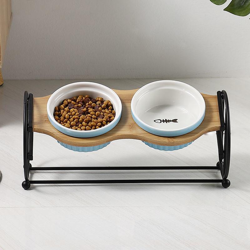 Cat Bowl Ceramic Double Bowl Cat Food Basin Tall Solid Wood Dog Bowl Rack Eating and Drinking Bowl Inclined Oblique Neck Protection Cat Food Basin