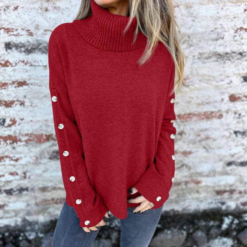 2026 Fall Winter Womens High Neck Button Knit Sweater Casual Solid Color Pullover