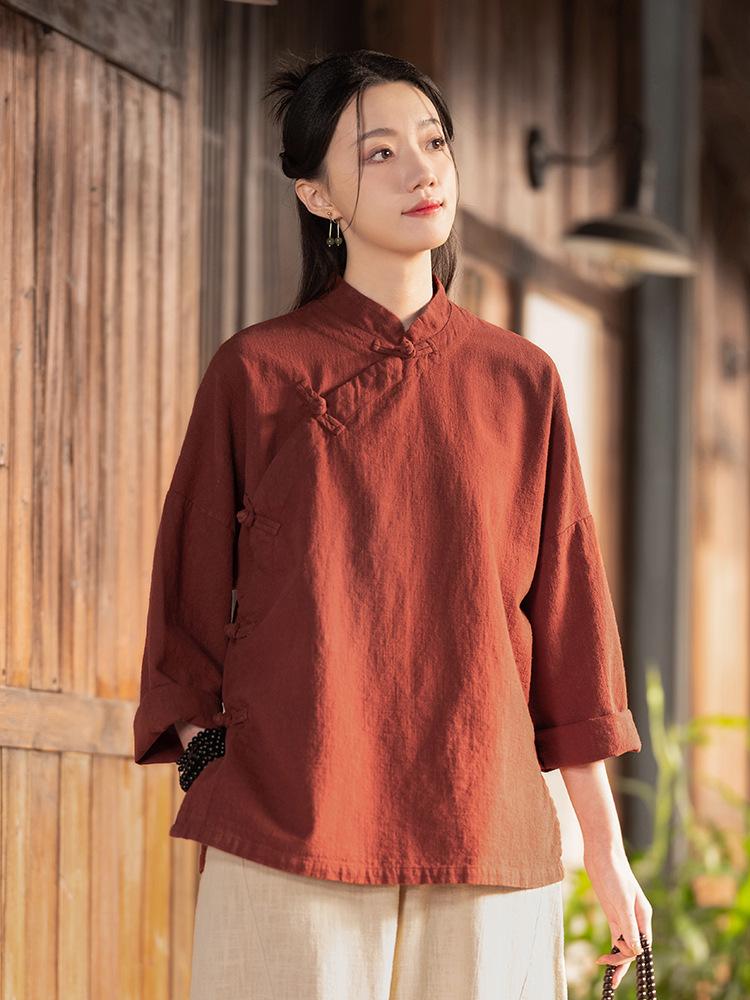 25 Autumn Retro Stand Collar Women's Cotton Linen Shirt with Frog Buttons - Zen Tea Ceremony Style