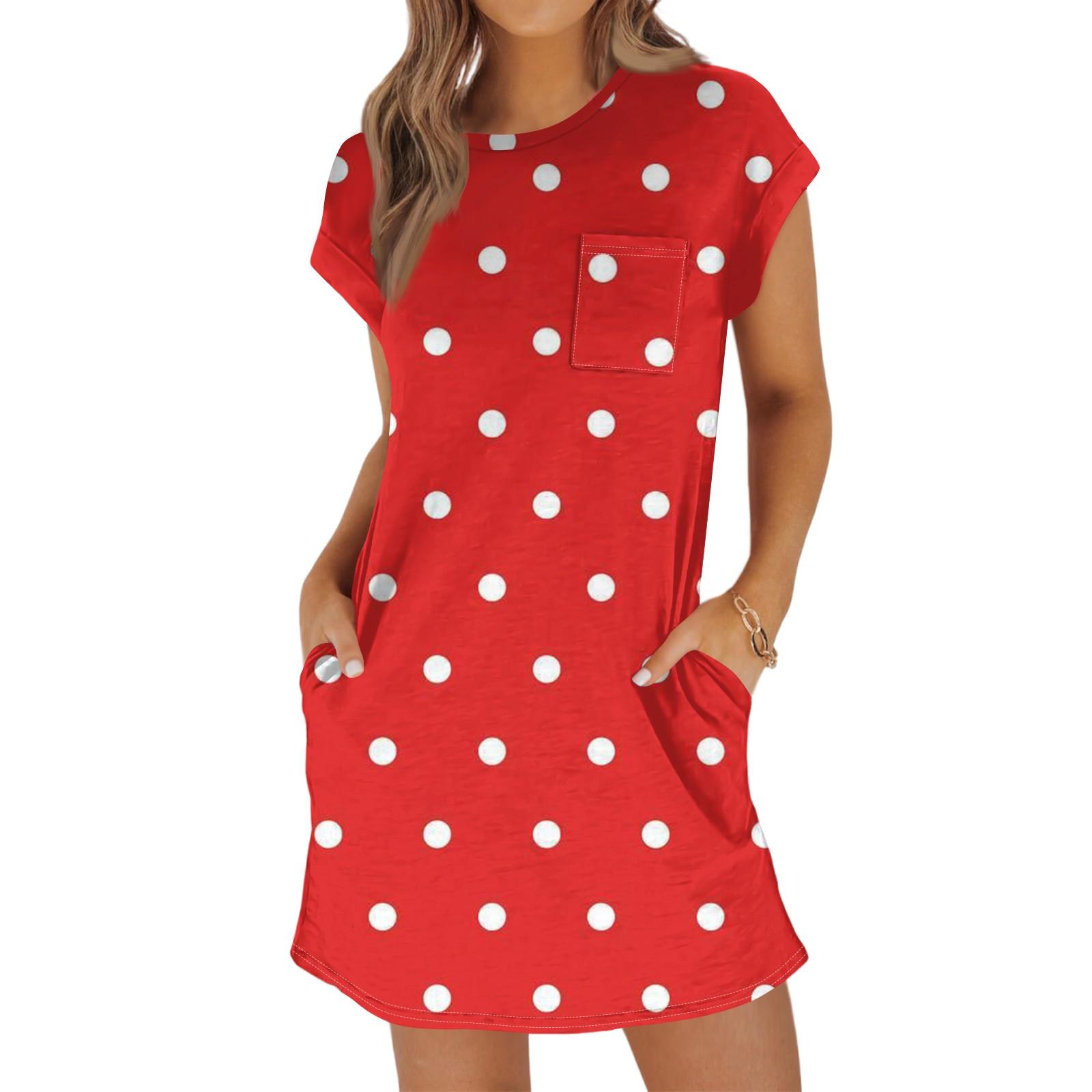 

Женское модное повседневное летнее платье с принтом в горошек, коротким рукавом, круглым вырезом и карманами XXL красный