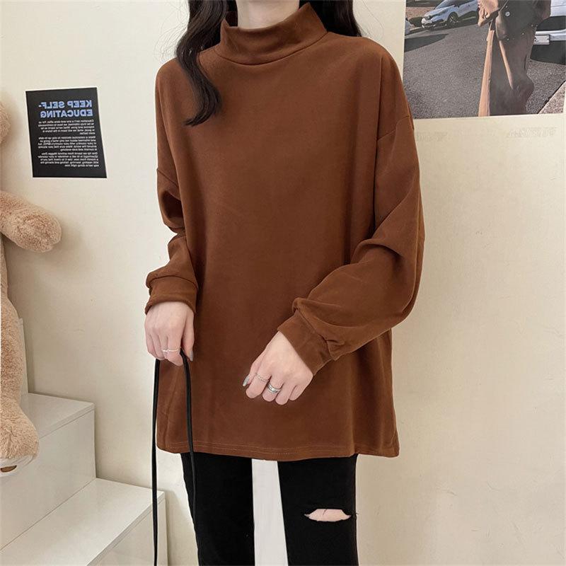 

Черная базовая рубашка с длинными рукавами для женщин на осень и зиму, плюс бархатная внутренняя одежда, свободная утолщенная однотонная футболка сверху 2XL коричневый