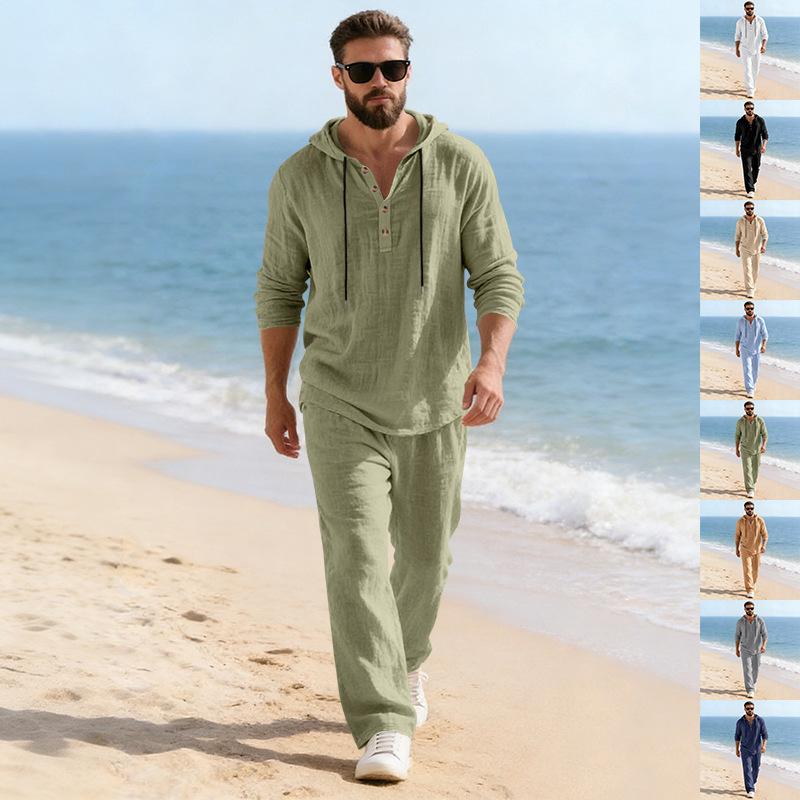 Men's Linen Hooded Long Sleeve and Pants Casual Home Wear Set - Spring/Autumn 2026 Collection