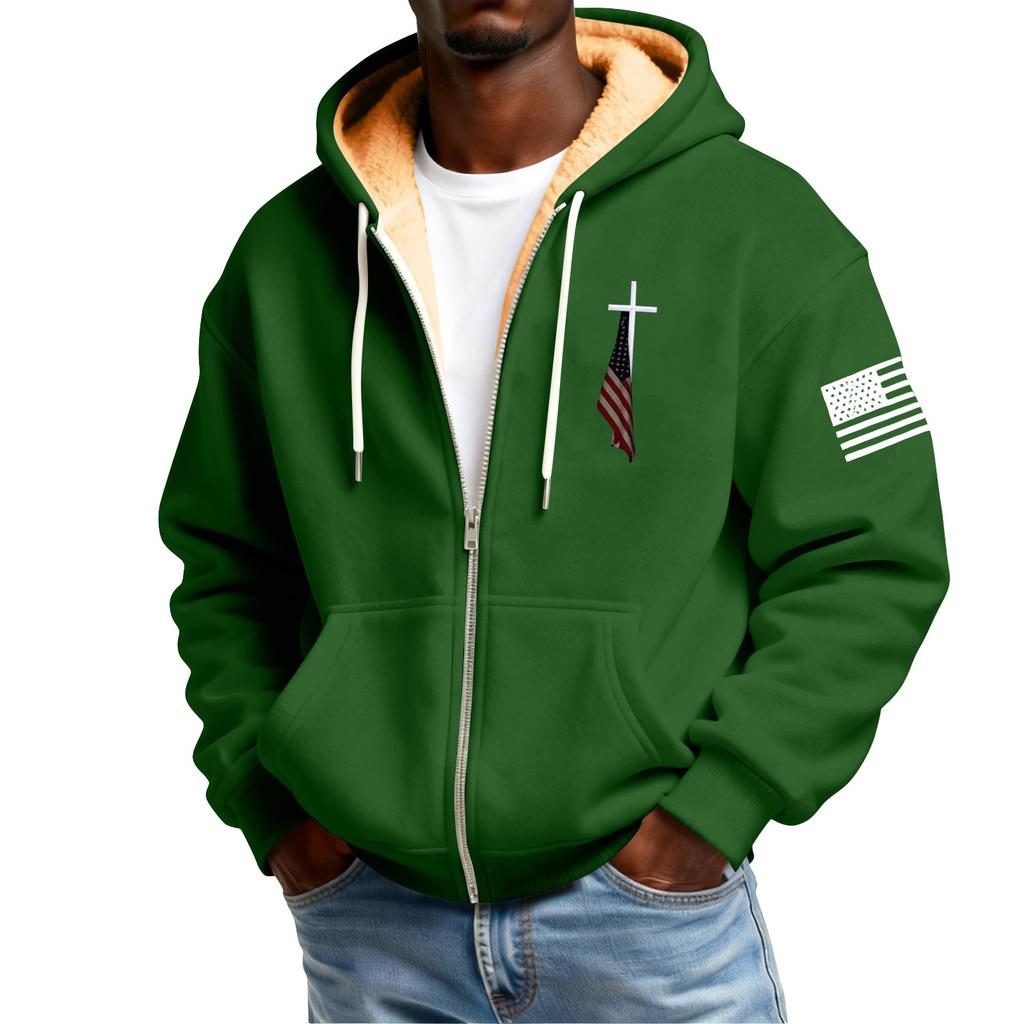 Men's Flag Print Fleece-Lined Zip-Up Pocket Hooded Sweatshirt Cardigan Men's Casual Sweatshirt Cardigan