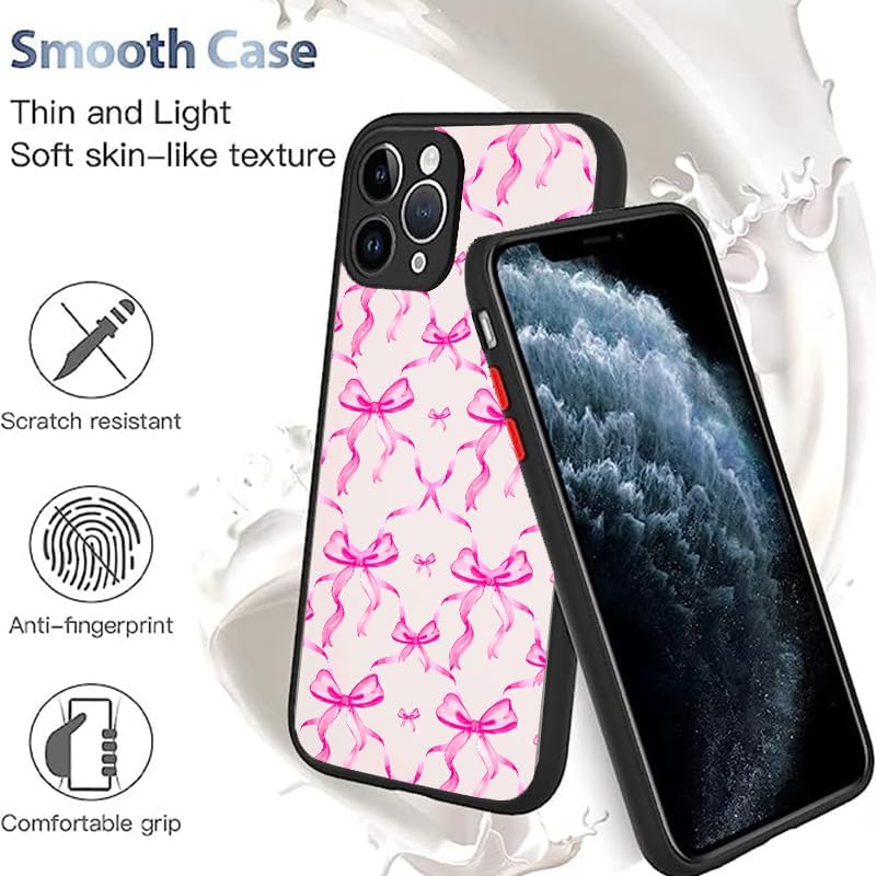 Compatible for iPhone 12 Case, Aesthetic Pink Ribbons and Bows in Watercolor Print Art Thin Soft Black TPU +Tempered Mirror Protective Case