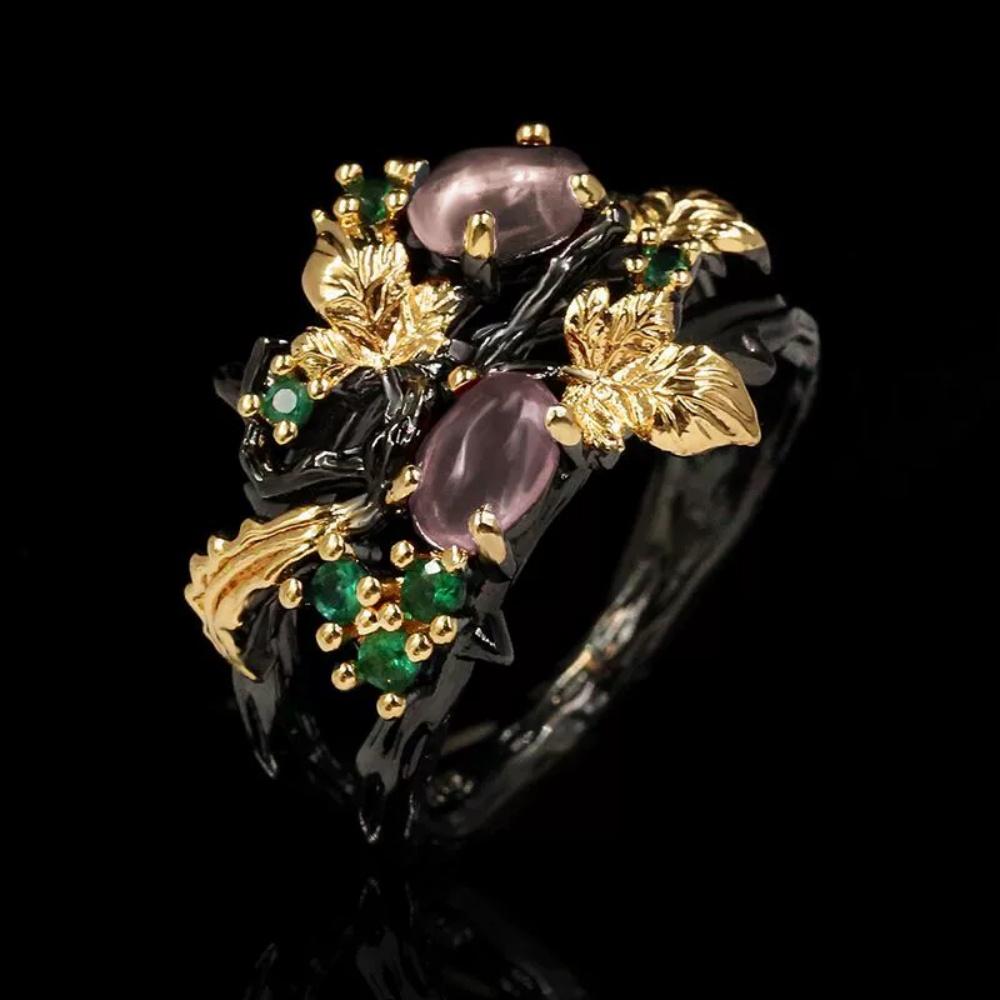 New Two tone Leaf Fruit Zircon Ring Unique Retro Personality Dark High end Light Luxury Charm Jewelry Gift