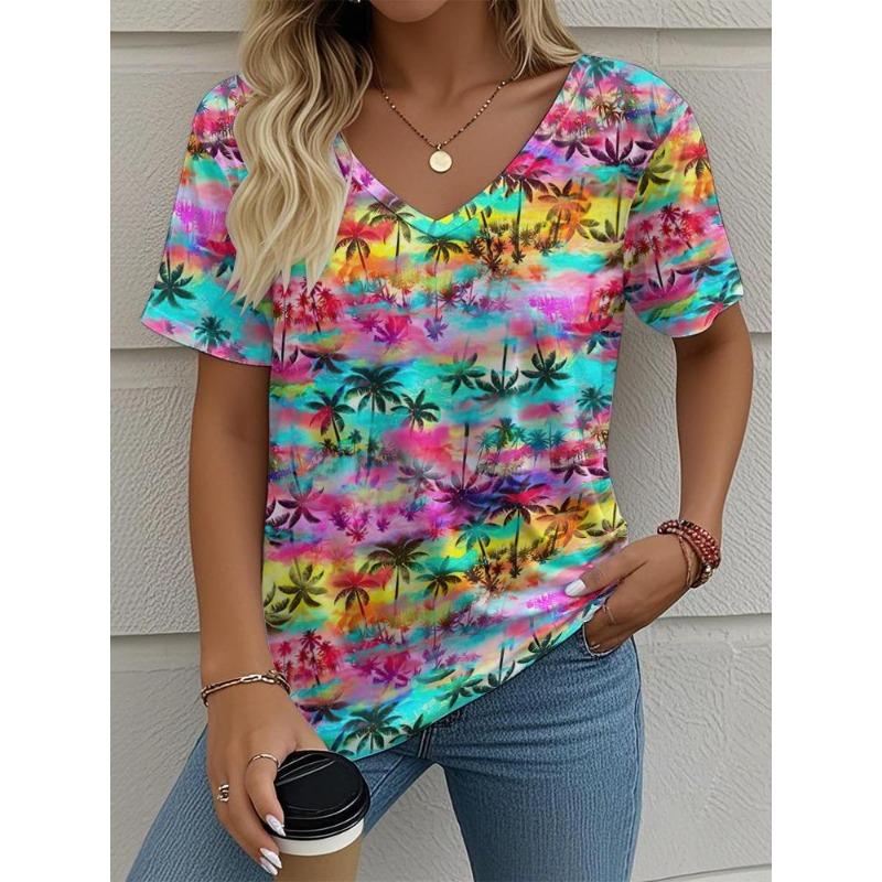 Women's T-Shirt Coconut Tree Pattern 3d Printing Fashion Casual V-Neck Short-Sleeved Beach Style Outdoor Women's Clothing