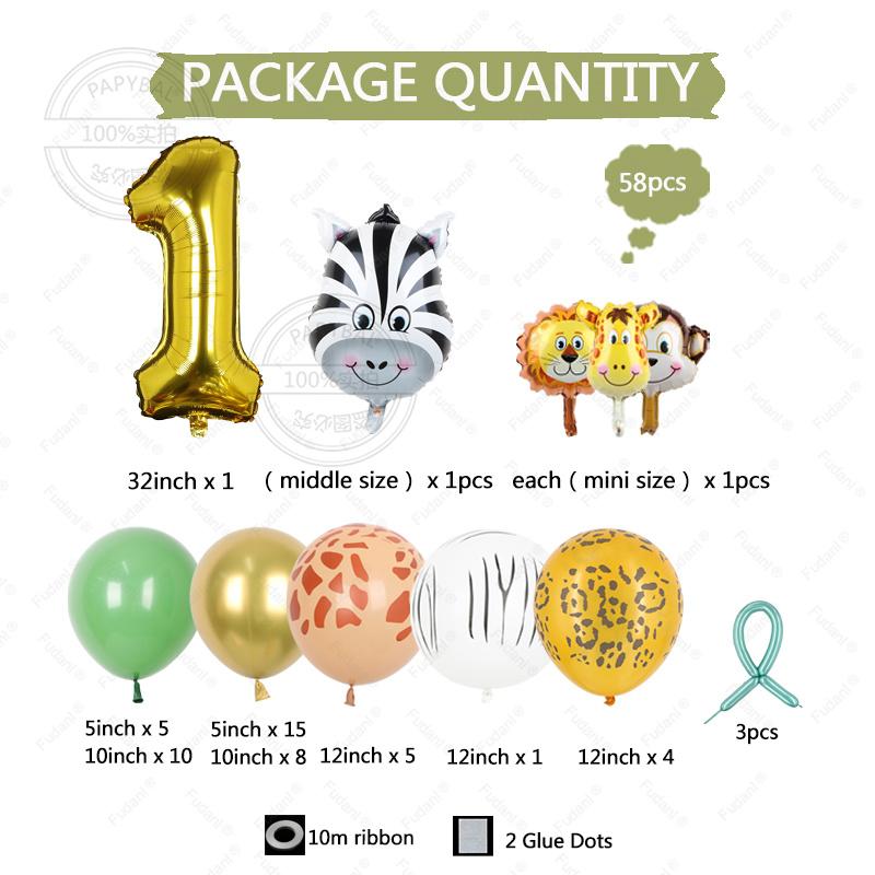 58pcs Wild Jungle Party Theme Gold Number 1-9 Balloon Garland Kit Birthday Baby Shower Gender Reveal Party Supplies Decorations