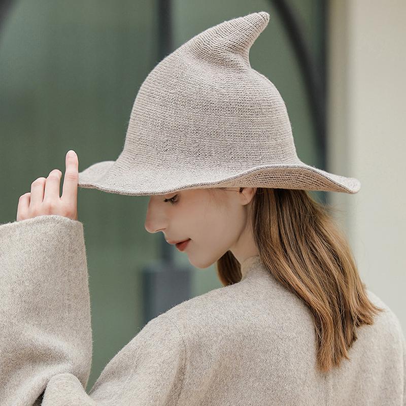 Vintage Halloween Woman Witch Hat Costume Wool Knit Hat For Party Coseplay Masquerade Hat Festival Decoration Accessories