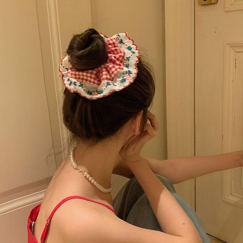 1pc Sweet Cute Polka Dot Plaid Lace Large Intestine Hair Ring, Tie Ball Head and High Ponytail Head Rope Hair Ornament Headpiece
