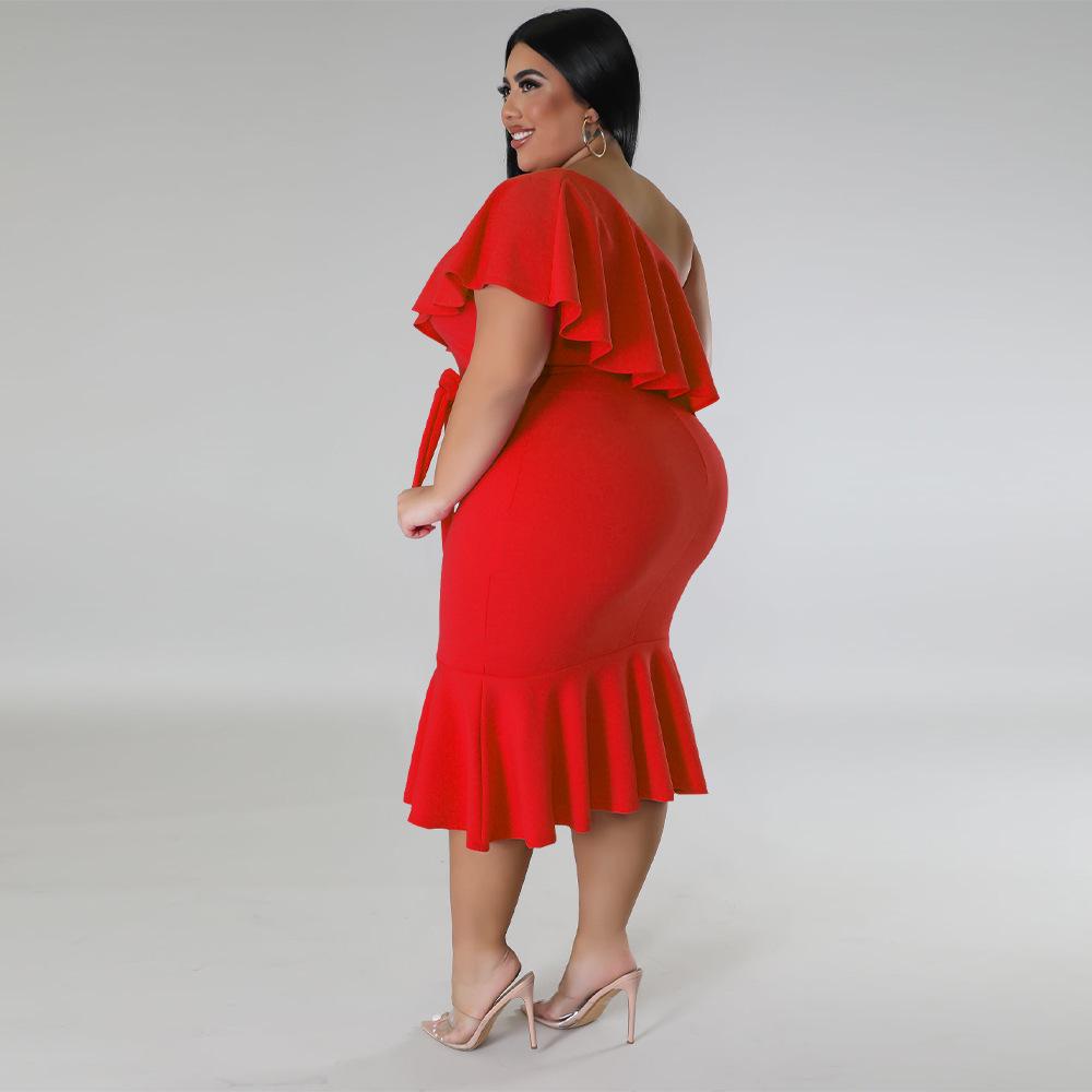 2023 Plus Size Women's European & American Fashion Slim Fit Ruffle Strapless Midi Dress