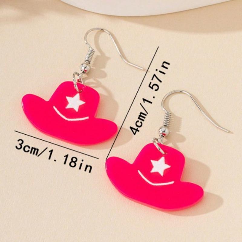 A pair of cute sweet acrylic pink five-star hat earrings, fashionable bright pink print women's party vacation gift