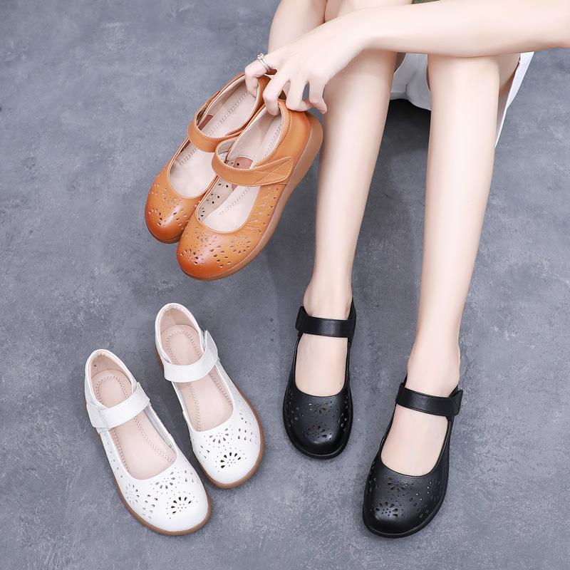 Fashion GKTINOO Genuine Leather Ladies Flats Summer Shoes Woman Plus Size Casual Loafers Hollow Round Toe Soft Comfort Sandals Female