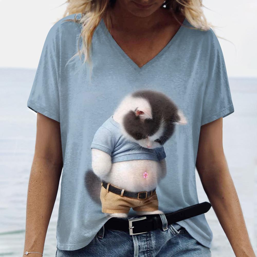 Animacinės katės spaudiniai Moteriški marškinėliai Mielas pilvo katės raštas Laisvalaikio trumpos rankovės Vasaros mados marškinėliai Laisvi moteriški drabužiai Viršus