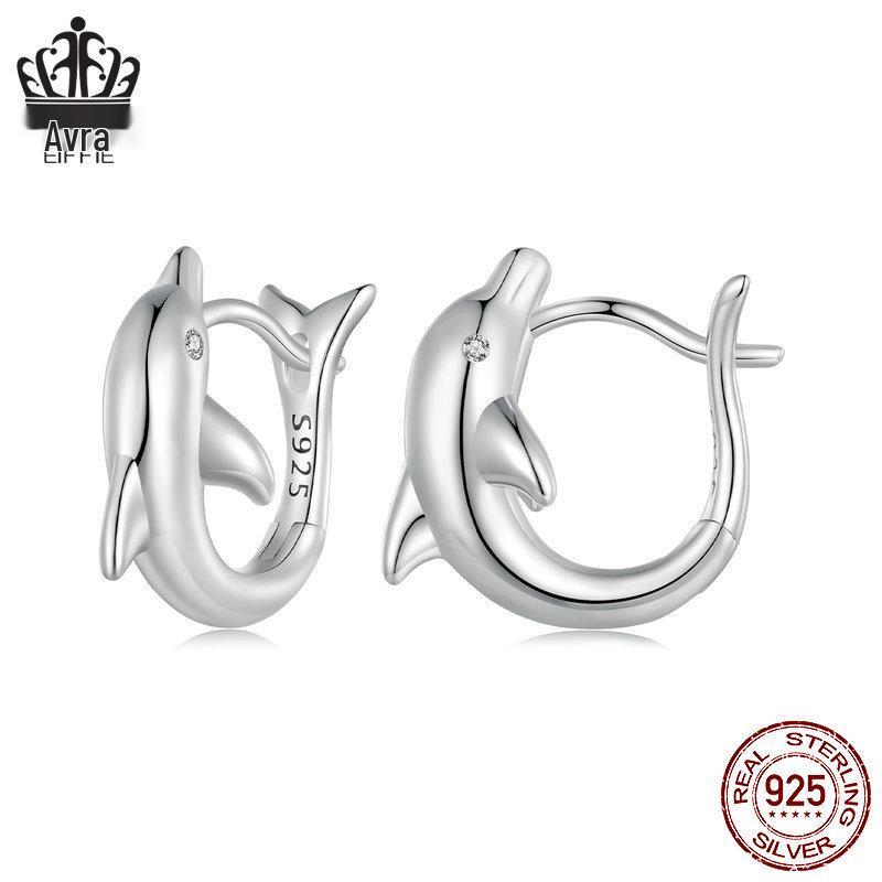 Avle S925 Sterling Silver Platinum-Plated Dolphin Earrings for Women - Style BSE881