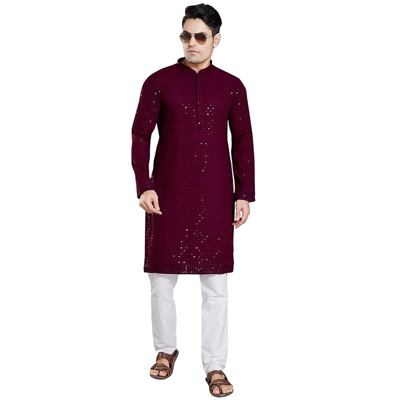 DIVISIVE Men's Sequince Embroidered Cotton Blend Only Slim Fit Kurta (DKRT14_M_Burgundy)