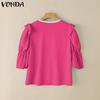 VONDA Women Summer V Neck Puff Half Sleeve Ruffled Buttons Casual Blouse