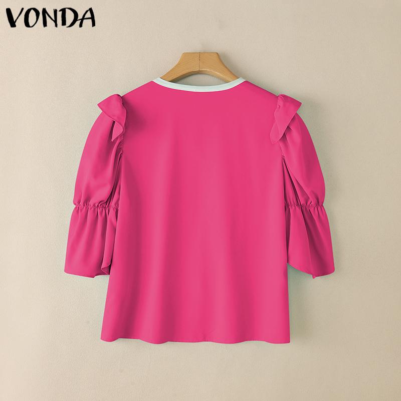 VONDA Women Summer V Neck Puff Half Sleeve Ruffled Buttons Casual Blouse