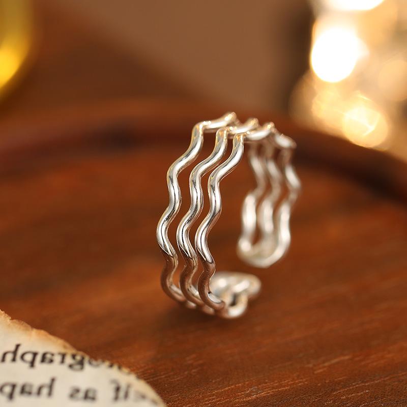 

Кольцо Banyan Tree S925 серебро тройная волна корейское, регулируемое гладкое в холодном стиле Adjustable Open
