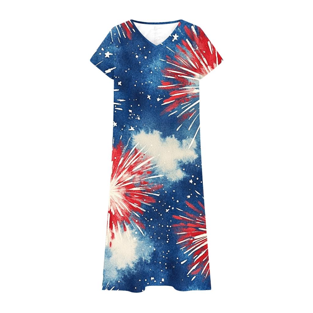 Flag Dress for Women V Neck Short Sleeve Maxi 4Th Of July Dresses for Women Patriotic Dress for Summer Usa Dress