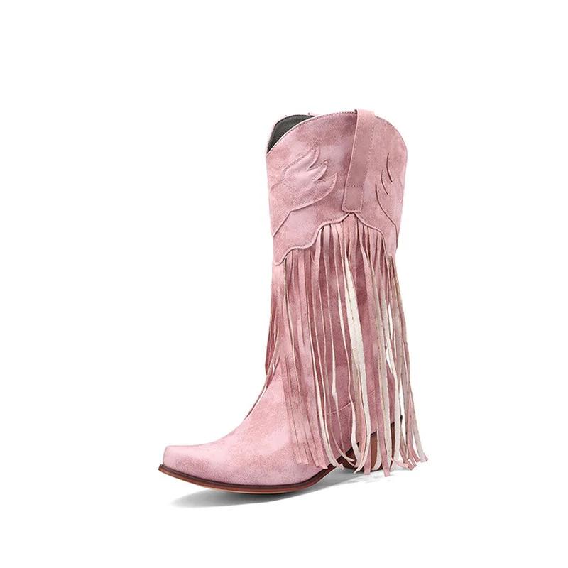 Large Size 45 Women Retro Ethnic Western Cowboy Boots Block Medium Heels Tassel Fringe Kneehigh Boots Lady Winter Shoes