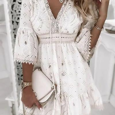 Hollow Out Summer Dress for Women V Neck Long Sleeve White Dresses Loose Solid Casual Women Beach Holiday Dress