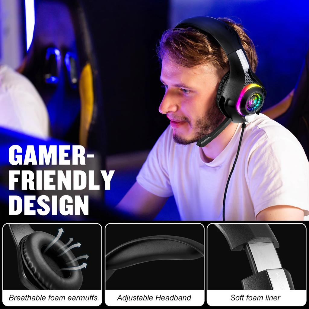 RGB Light Gaming Headset for PC PS5 Game Headphone with Microphone Noise Cancelling Earphone 3.5mm USB Deep Bass Stereo Sound
