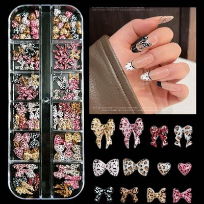 12-Fächer Leoparden-Schleifen-Nagelkunst-Dekorationsset: Einfache DIY-Accessoires für Herbst/Winter